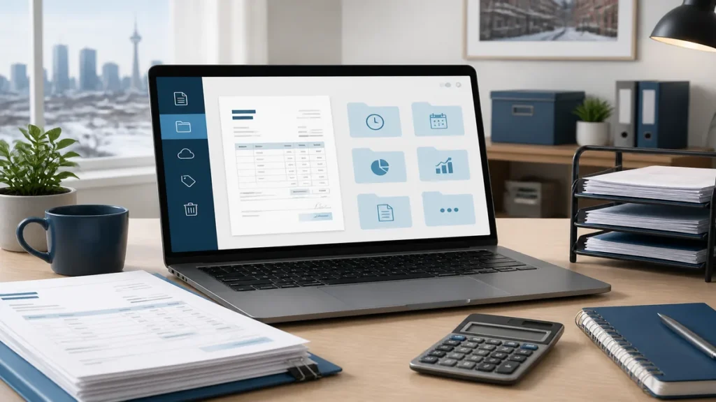 Organized paper and digital invoice records on a small-business desk